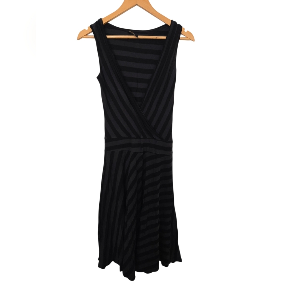 Y2K Black Striped Mini Dress Womens Small Sleeveless Wrap Front Flowy Ski